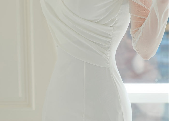 CM-DY095113 Women Elegant Seoul Style Gauze Round Neck Long Sleeve Slim Dress - White