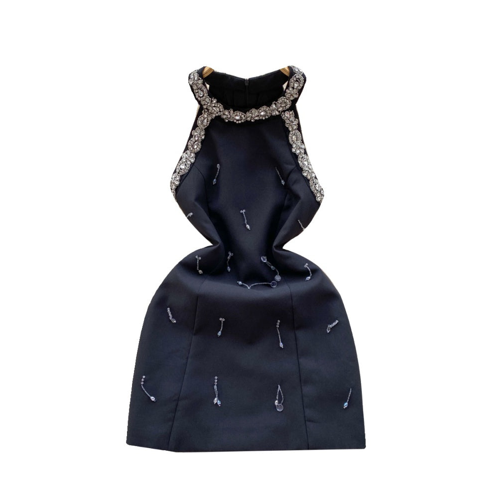 CM-DY095638 Women Elegant European Style Rhinestone Beading Sleeveless Mini Dress - Black