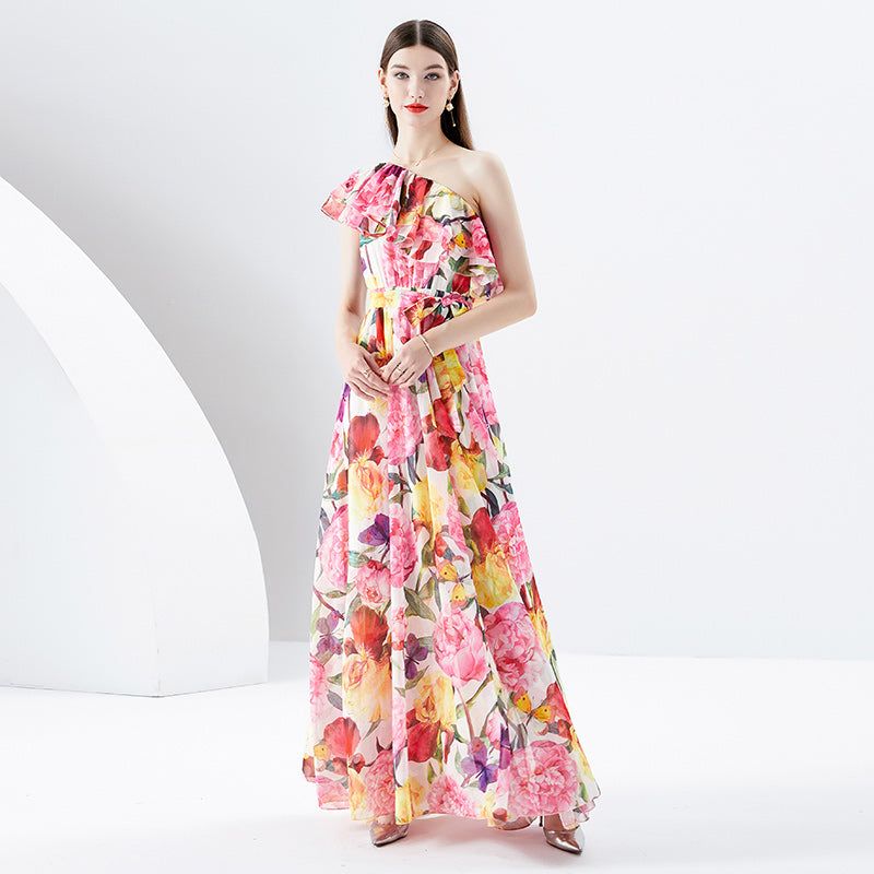 CM-DY096116 Women Elegant European Style Floral Prints Horizontal Collar Sleeveless Dress
