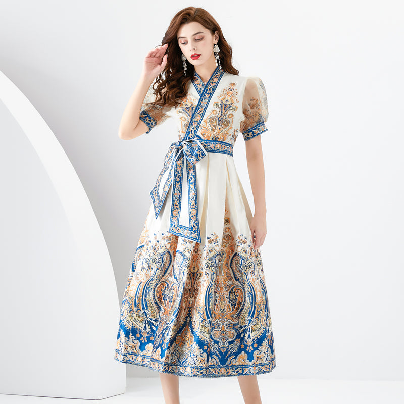 CM-DY096158 Women Elegant European Style V-Neck Lantern Sleeve Maxi Dress - Apricot