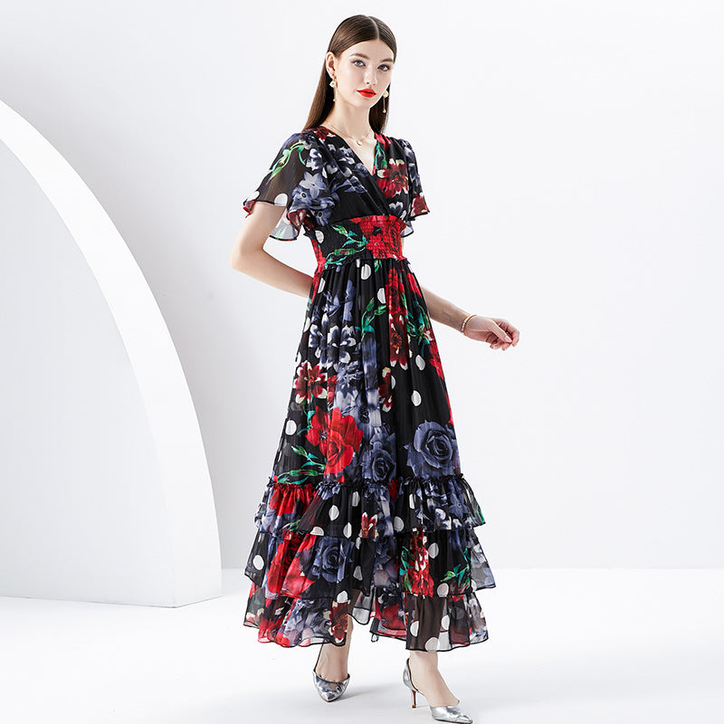CM-DY096159 Women Elegant European Style V-Neck Trumpet Sleeves Maxi Dress