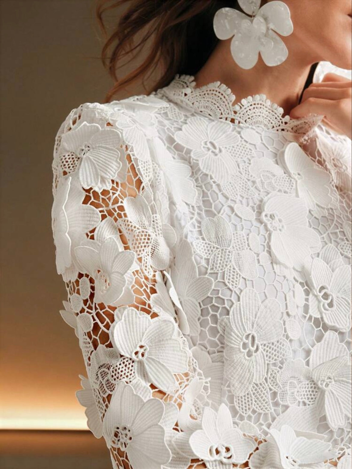 CM-DS243323 Women Elegant Seoul Style High Neck Long Sleeve Lace A-Line Formal Dress - White