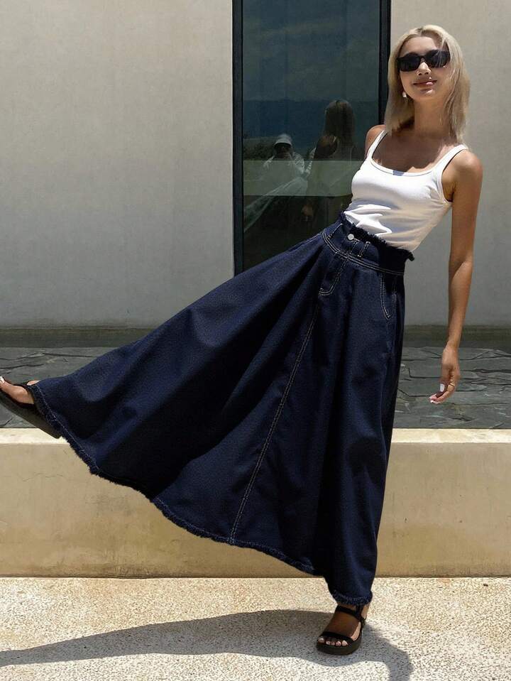 CM-BS395771 Women Casual Seoul Style Dark Wash Mid Waist Loose Distressed Raw Hem Denim Skirt