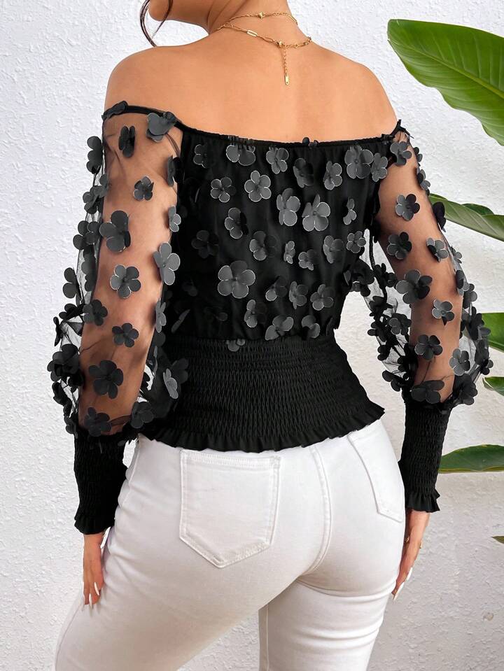 CM-TS454219 Women Casual Seoul Style 3D Floral Off-Shoulder Shirred Blouse - Black