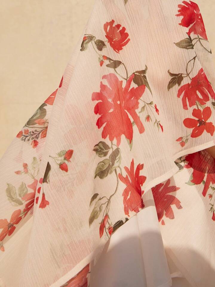 CM-DS030559 Women Casual Seoul Style Round Neck Puff Sleeve Colorblock Floral Print Layered Mini Dress