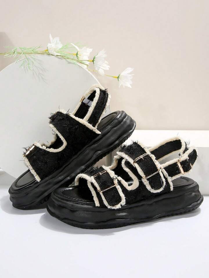 CM-SHS266076 Women Trendy Seoul Style Raw Trim Decor Open Toe Flatform Sandals - Black