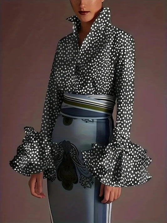 CM-TT029294 Women Elegant Seoul Style Lapel Neckline Polka Dot Print Long Sleeve  Shirt