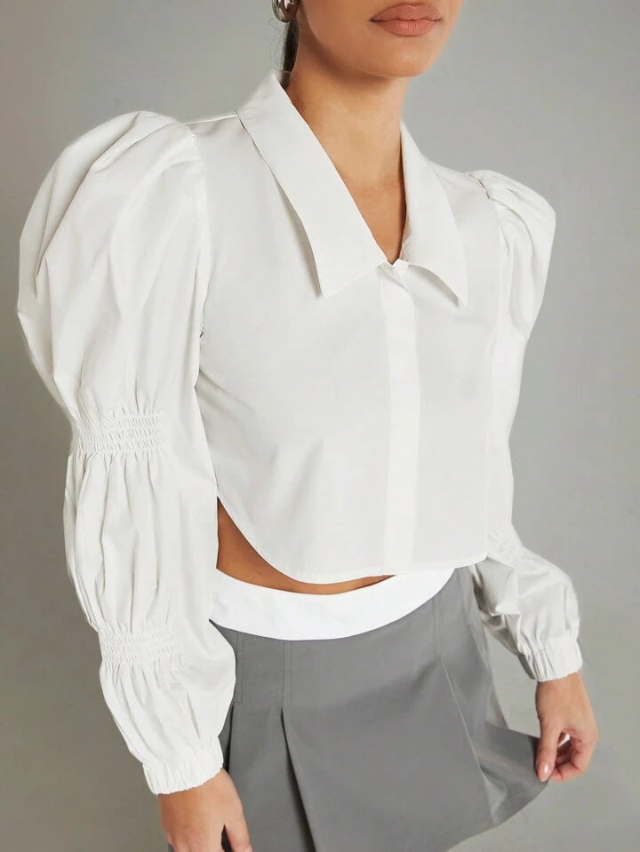 CM-TS060632 Women Casual Seoul Style Puff Sleeve Collar Crop Shirt - White