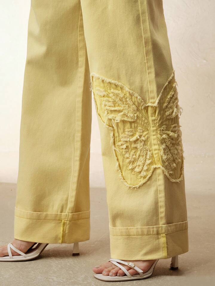 CM-BS227651 Women Casual Seoul Style Mid Waist Embroidered Straight Leg Jeans - Yellow