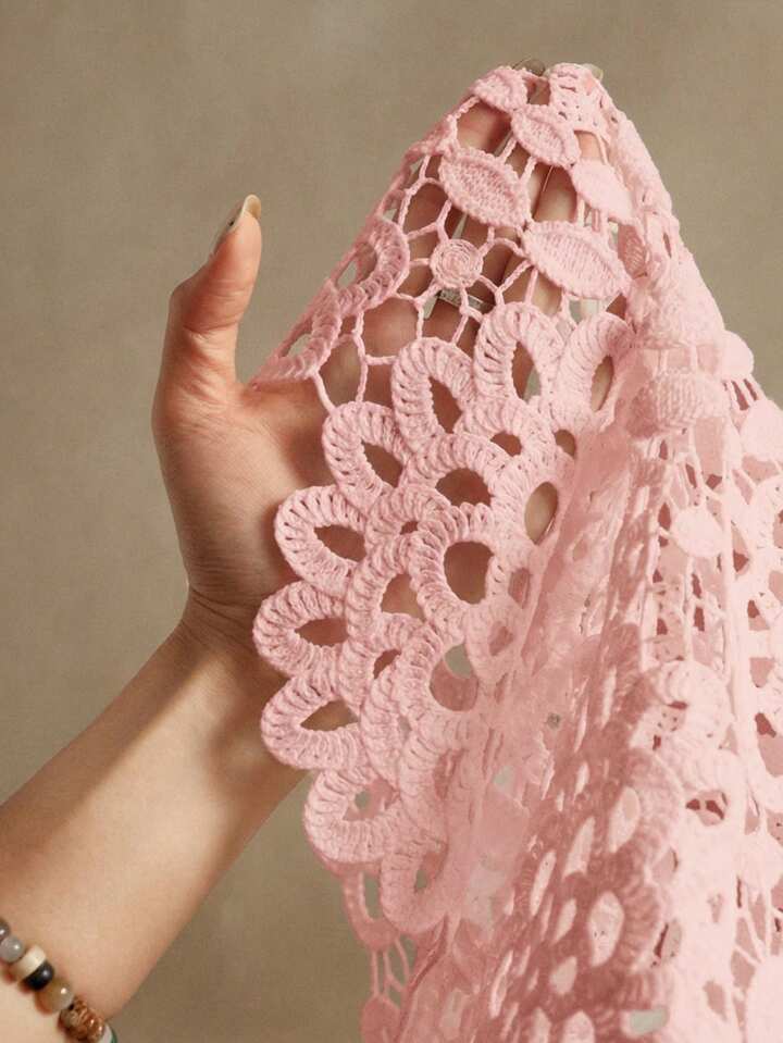 CM-TS474111 Women Casual Seoul Style Collar Neckline Half Sleeve Floral Hollow Out Lace Shirt Blouse - Pink