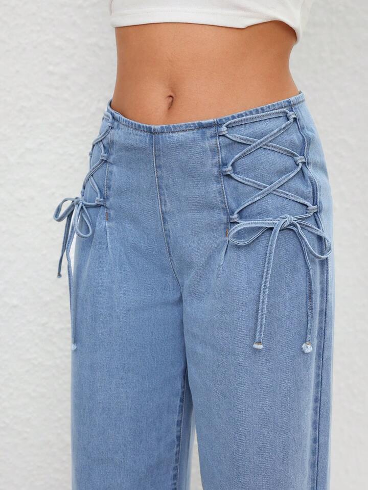 CM-BS222712 Women Casual Seoul Style Light Wash Lace Up Front Loose Wide Leg Jeans