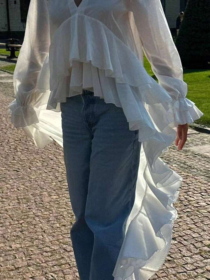 CM-TS752355 Women Casual Seoul Style Solid Color Pleated Ruffle V-Neck Asymmetric Layered Ruffle Long Sleeve Blouse