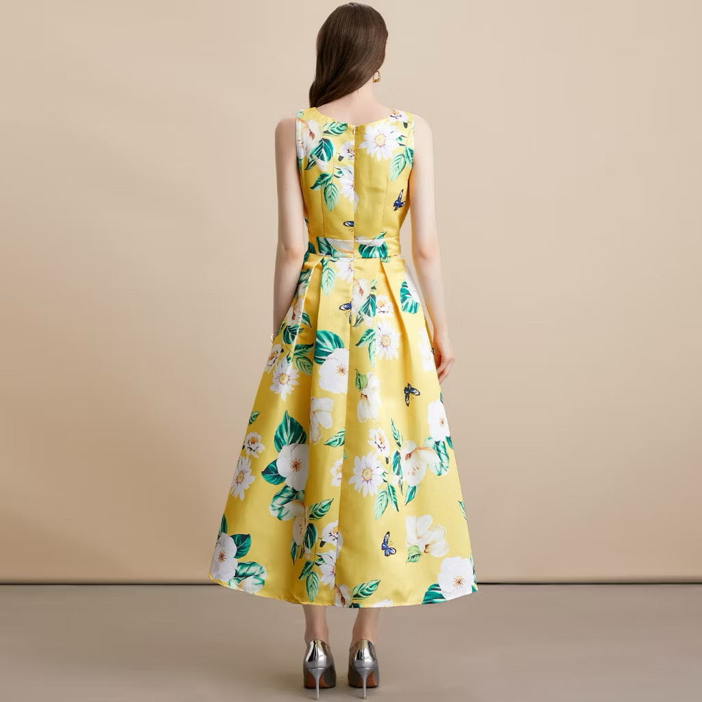 CM-DY054106 Women Elegant European Style Round Neck Sleeveless High Waist A-Line Mid-Length Dress - Yellow