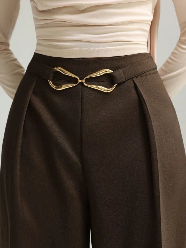 CM-BS934660 Women Casual Seoul Style Metal Buckle Waistband Rolled Hem Wide Leg Pants - Coffee Brown
