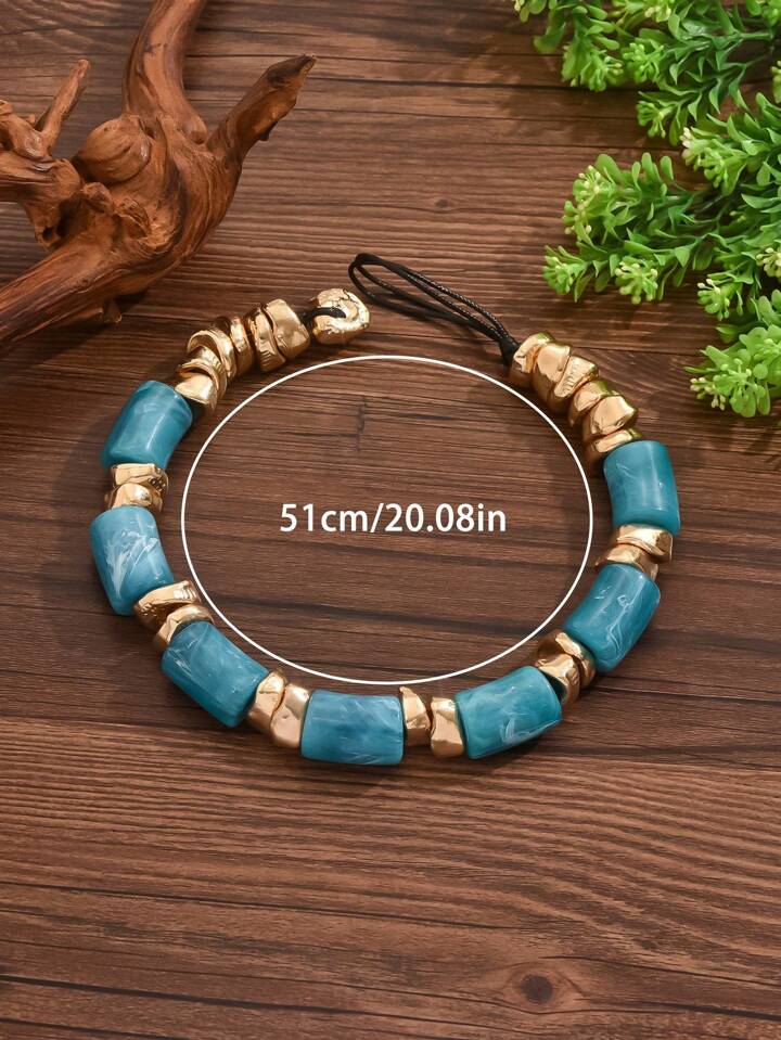 CM-AXS191099 Women Trendy Bohemian Style Jade Resin Bead Asymmetrical Golden Bead Necklace