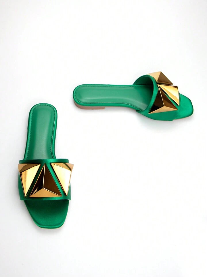 CM-SHS814836 Women Elegant Seoul Style Metallic Studded Decor Slide Sandals - Green