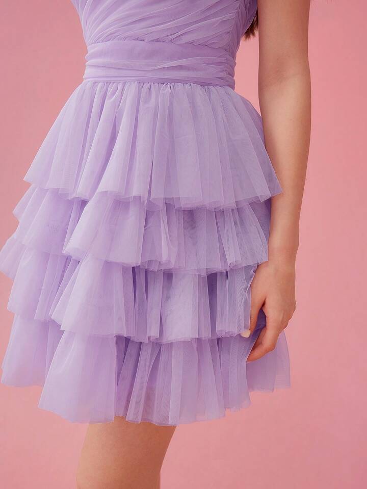 CM-DS523573 Women Elegant Seoul Style Sweetheart Off-Shoulder Ruffle Waist Layered Mesh Maxi Dress