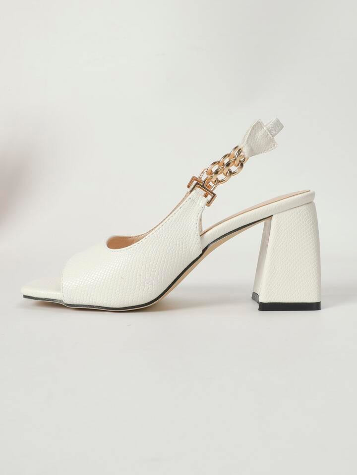 CM-SHS428181 Women Trendy Seoul Style Embossed Chain Chunky Heeled Slingback Sandals