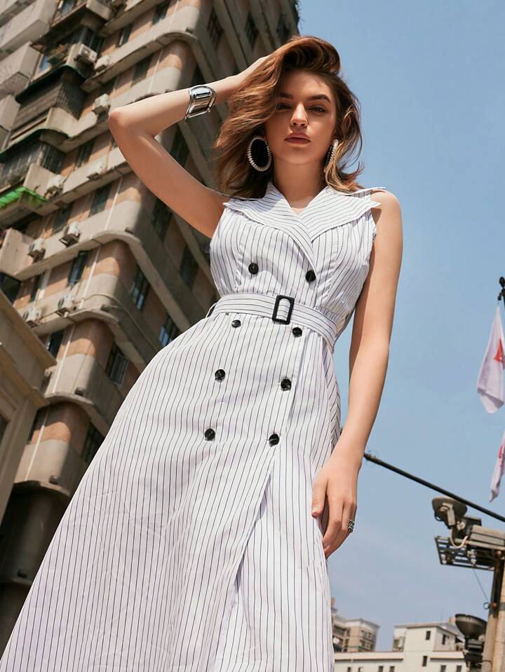 CM-DS495102 Women Casual Seoul Style Collar Neckline Striped Sleeveless Shirt Dress