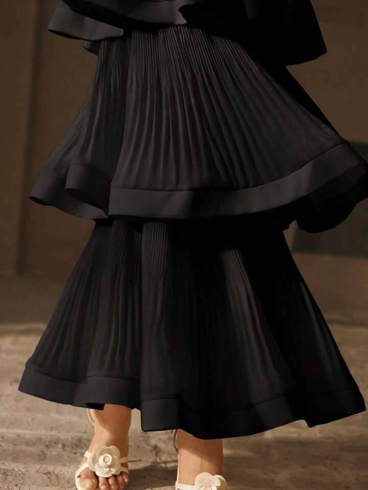 CM-BS296354 Women Elegant Seoul Style Solid Color Mid Waist Ruffle Tiered Layer Long Skirt - Black