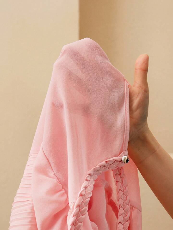 CM-TS771066 Women Elegant Seoul Style Cable Knit Round Neck Pleated Lantern Sleeve Slim Fit Blouse - Pink