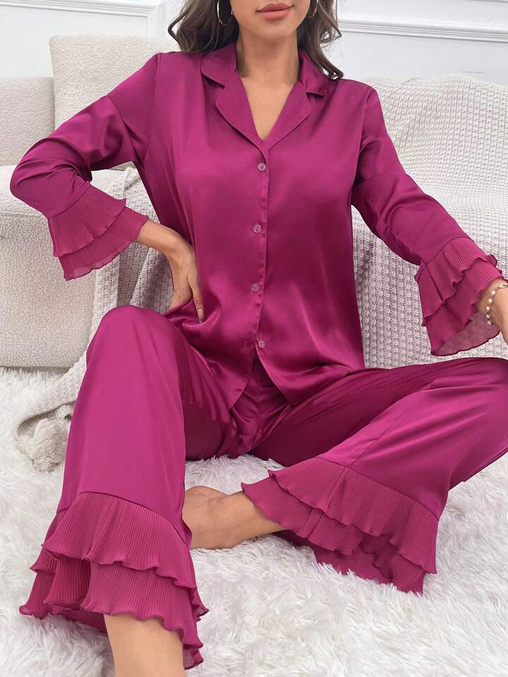 CM-LS159008 Women Trendy Seoul Style Long Sleeve Ruffle Trim Satin Pajama Set - Hot Pink