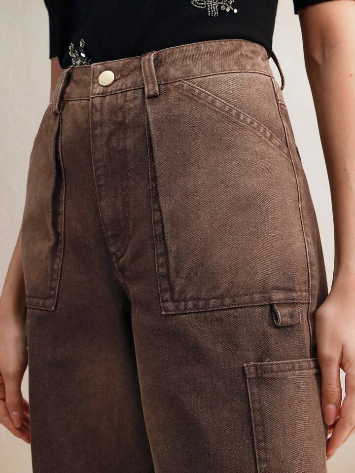 CM-BS448646 Women Casual Seoul Style Zipper Fly Loose Straight Leg Jeans - Coffee Brown