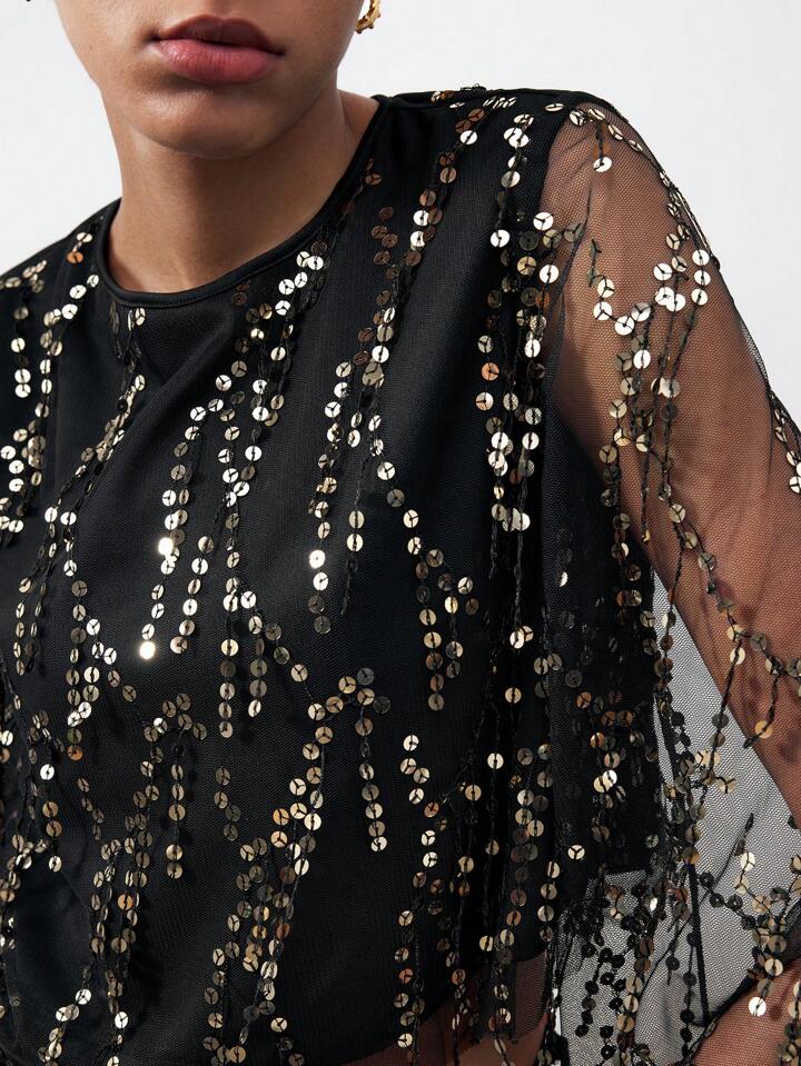 CM-TS219613 Women Elegant Seoul Style Round Neck Sequined Mesh Flare Sleeves Top