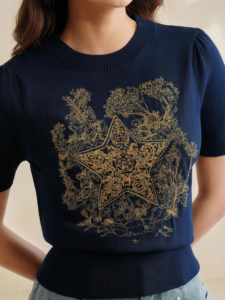 CM-TS520731 Women Casual Seoul Style Stand Collar Short Sleeve Floral Star Embroidered Knitted Shirt Tee - Royal Blue