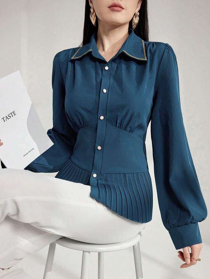 CM-TS121002 Women Casual Seoul Style Collar Neckline Long Sleeve Pleated Patchwork Shirt - Teal Blue
