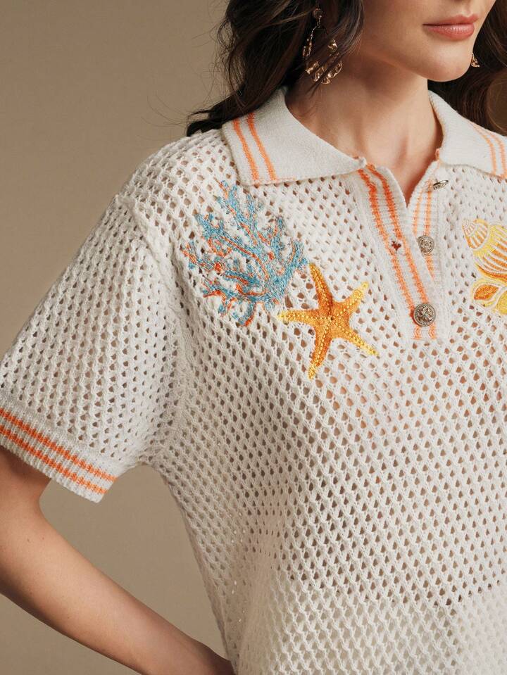 CM-TS135189 Women Casual Seoul Style Starfish Embroidery Seashell Polo Neckline Short Sleeve Knit Top