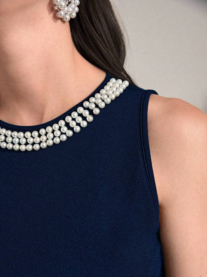 CM-DS710500 Women Elegant Seoul Style Sleeveless Pearls Beaded Ruffle Hem Dress - Royal Blue