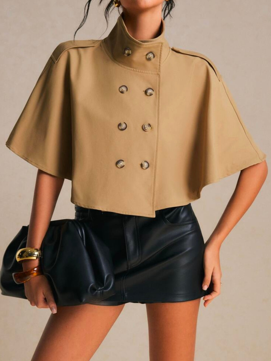 CM-CS799344 Women Elegant Seoul Style Short Sleeve Cropped Double Breasted Cape Trench Coat - Brown