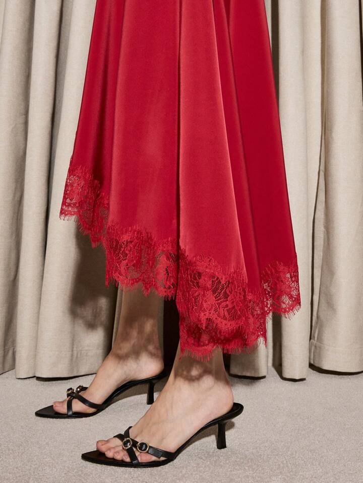 CM-BS631291 Women Elegant Seoul Style Satin Delicate Lace Trim Asymmetric Hanky Hem Design Skirt - Red