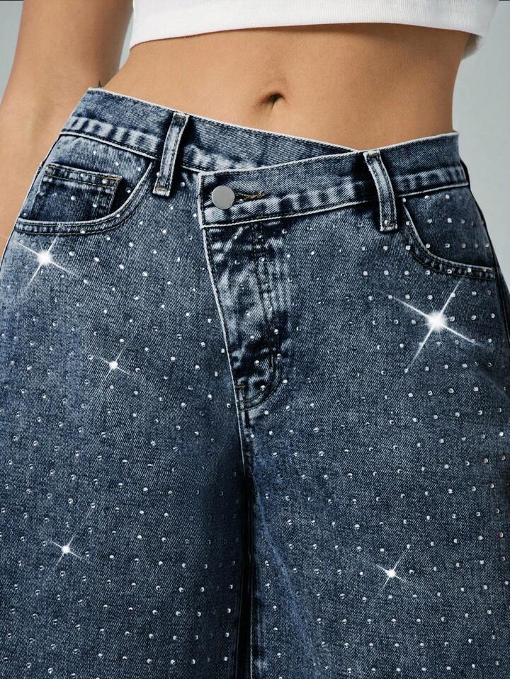CM-BS488605 Women Casual Seoul Style Dark Wash Rhinestone Embellished Overlapping Denim Capri Shorts