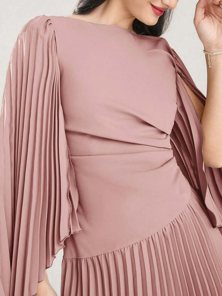 CM-DS914659 Women Elegant Seoul Style Round Neck Long Sleeve Asymmetrical Pleated Dress - Pink