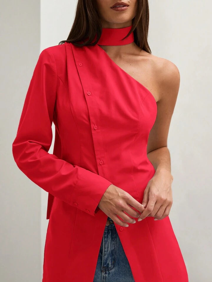 CM-TS870822 Women Casual Seoul Style Asymmetric Collar One Shoulder Long Sleeve Blouse - Red