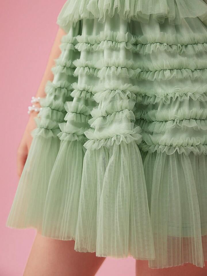 CM-DS412827 Women Elegant Seoul Style Multi-Layer Halter Neck Tie Mesh Backless Dress - Green