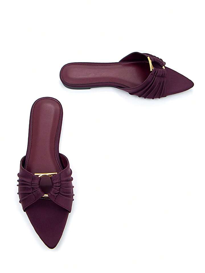 CM-SHS538830 Women Trendy Seoul Style Gold Metal Buckle Ruched Accent Pointed Toe Flat Mule Sandals - Burgundy