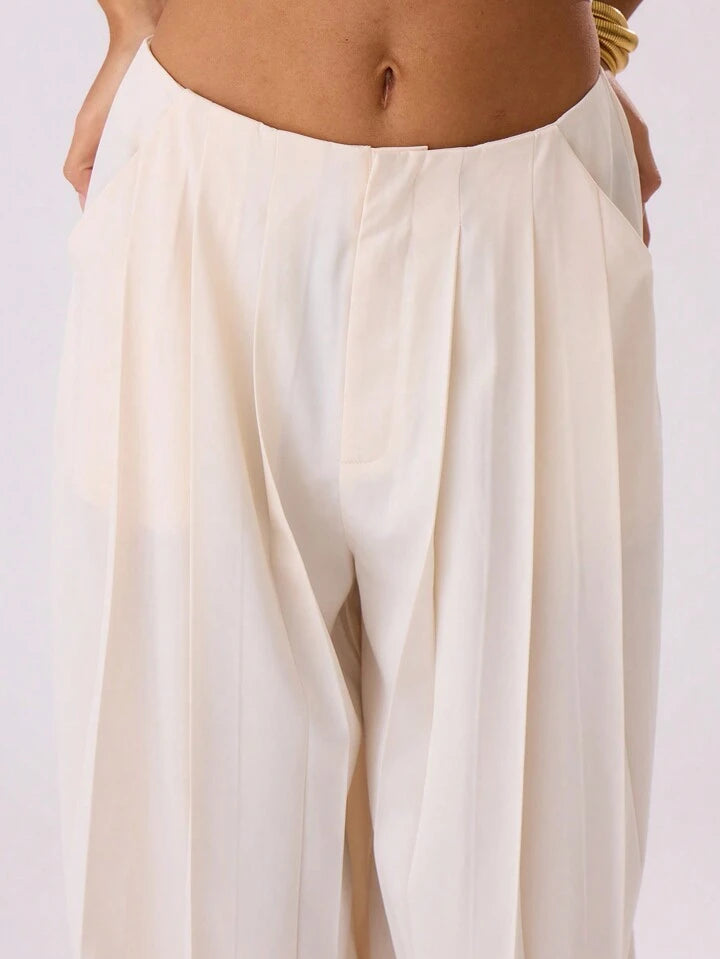 CM-BS797213 Women Casual Seoul Style High Waist Pleat Front Wide Trousers - Beige