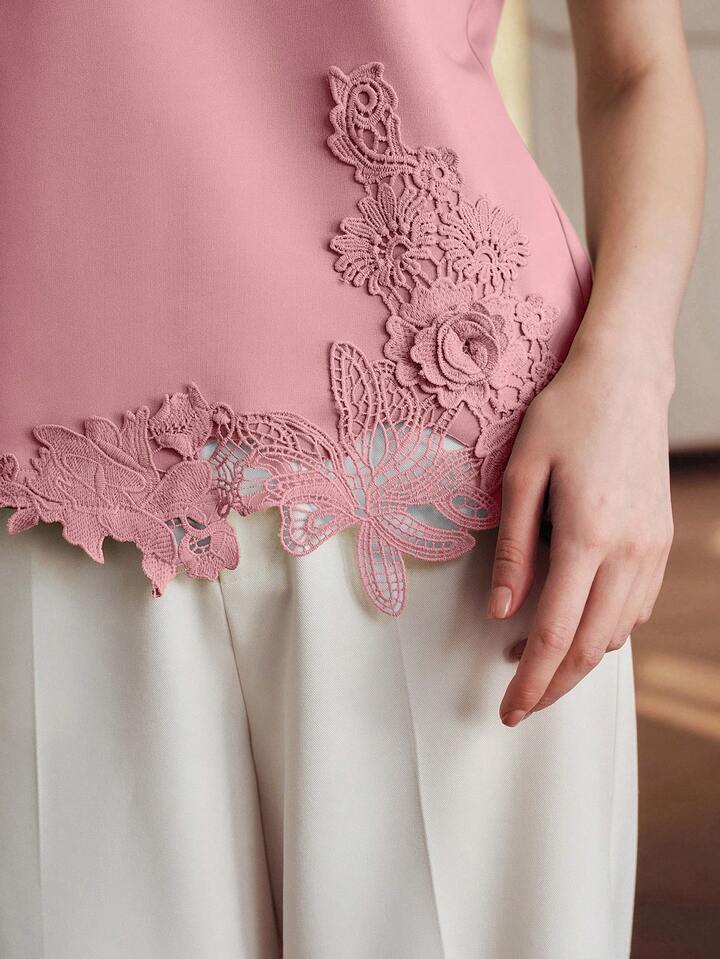 CM-TS182900 Women Elegant Seoul Style Round Neck Short Sleeve Lace Patchwork 3D Embroidered Floral Knit T-Shirt - Dusty Pink