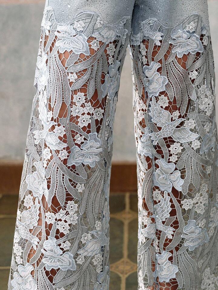 CM-BS170119 Women Elegant Seoul Style Mid Waist Lace Rhinestone Straight Leg Pants - Blue