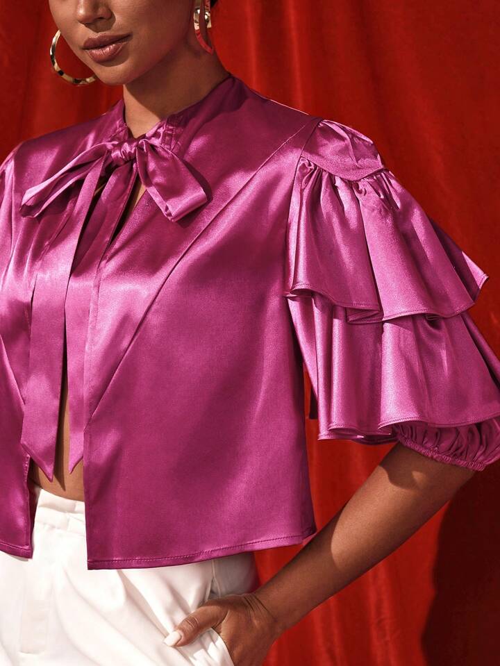 CM-TS176433 Women Casual Seoul Style Tie Neck Short Sleeve Ruffle Bolero Blouse - Hot Pink