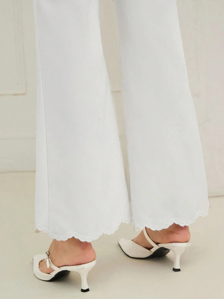 CM-BS067926 Women Elegant Seoul Style Solid Color Embroidery High Waist Belted Flare Leg Pants - White