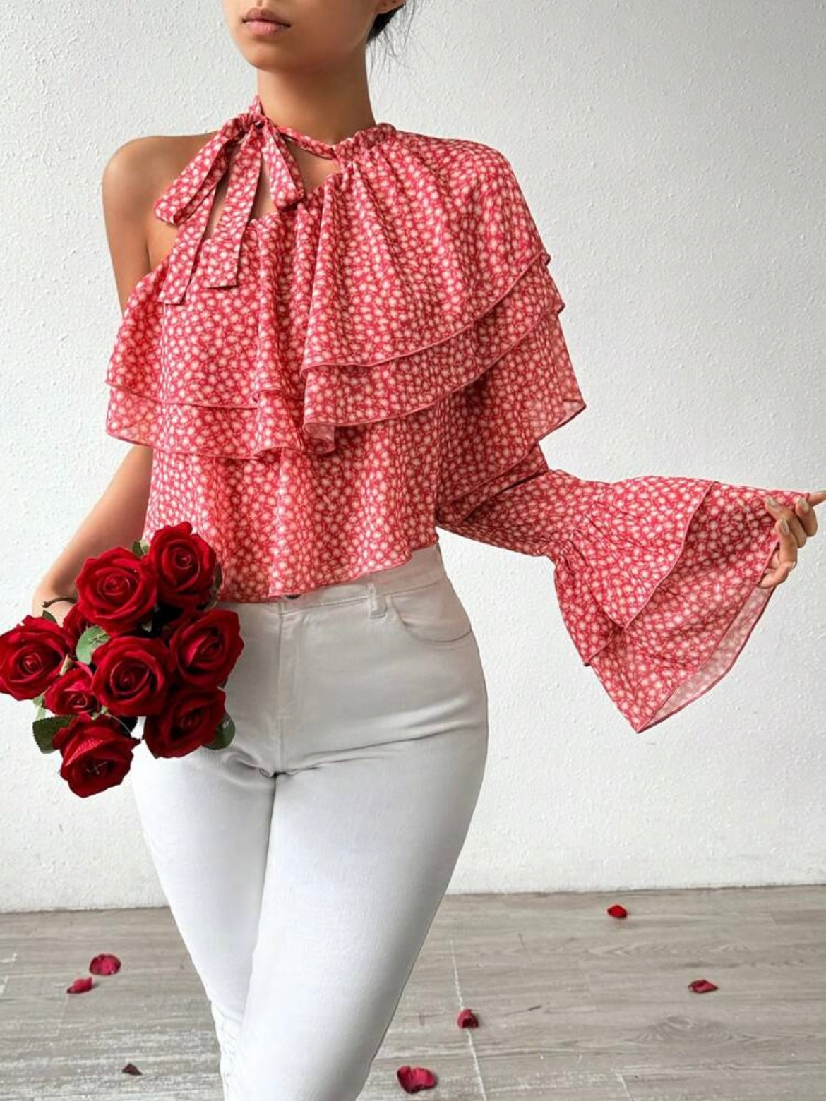 CM-TS285877 Women Trendy Bohemian Style One-Shoulder Floral Print Ruffle Trim Blouse - Pink