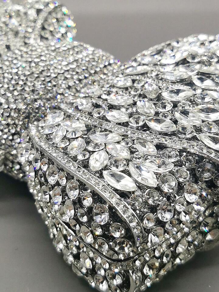 CM-BGS200126 Women Trendy Seoul Style Handmade Rhinestone Embellished Bow Clutch Purse - Silver