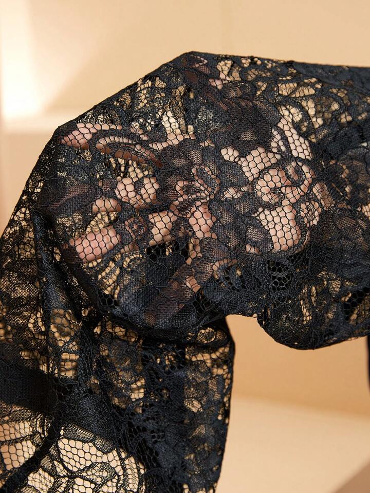 CM-BS915128 Women Elegant Seoul Style Lace Contrast Belted High Waist Straight-Leg Pants - Black