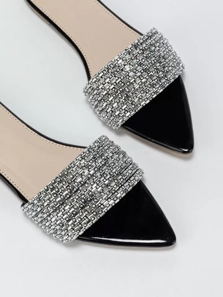 CM-SHS205366 Women Trendy Seoul Style Pointed Toe Rhinestone Decor Slip-on Flat Sandals - Black