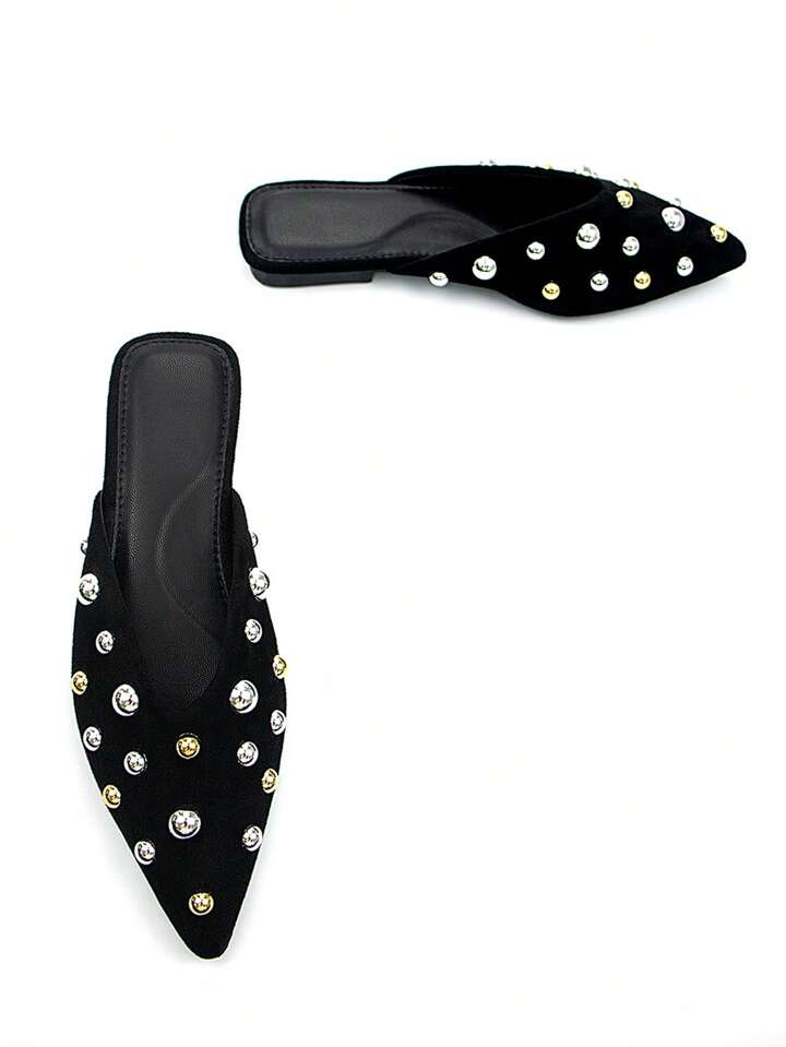 CM-SHS812102 Women Trendy Seoul Style Metal Stud Decor Faux Suede Pointed Toe Slip-On Flats - Black