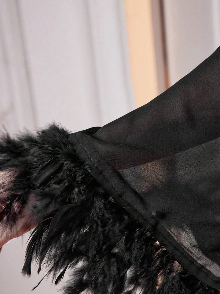 CM-JS993712 Women Elegant Seoul Style Stand Collar Fuzzy Fabric Flared Sleeve Jumpsuit - Black